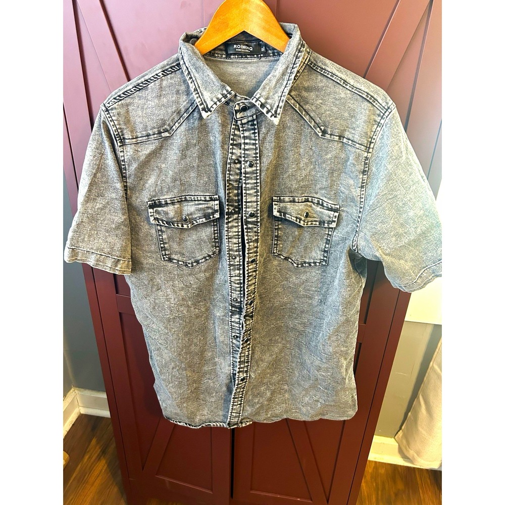 ROIWHQ Mens XL Gray Acid Wash Western Pearl Snap Short Sleeve Shirt